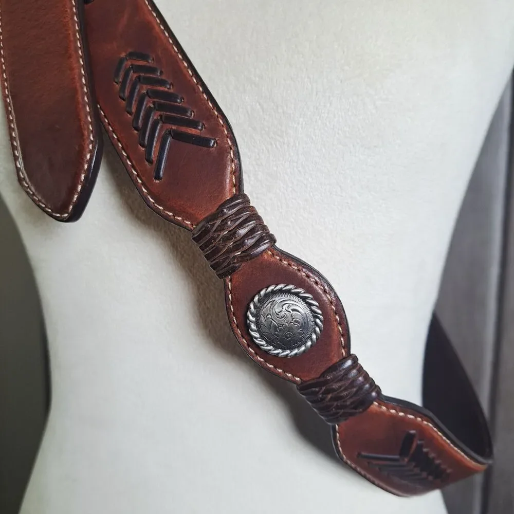 NOCONA Brown Leather Belt 44 Floral Embossed Conchos & Buckle Western Rodeo